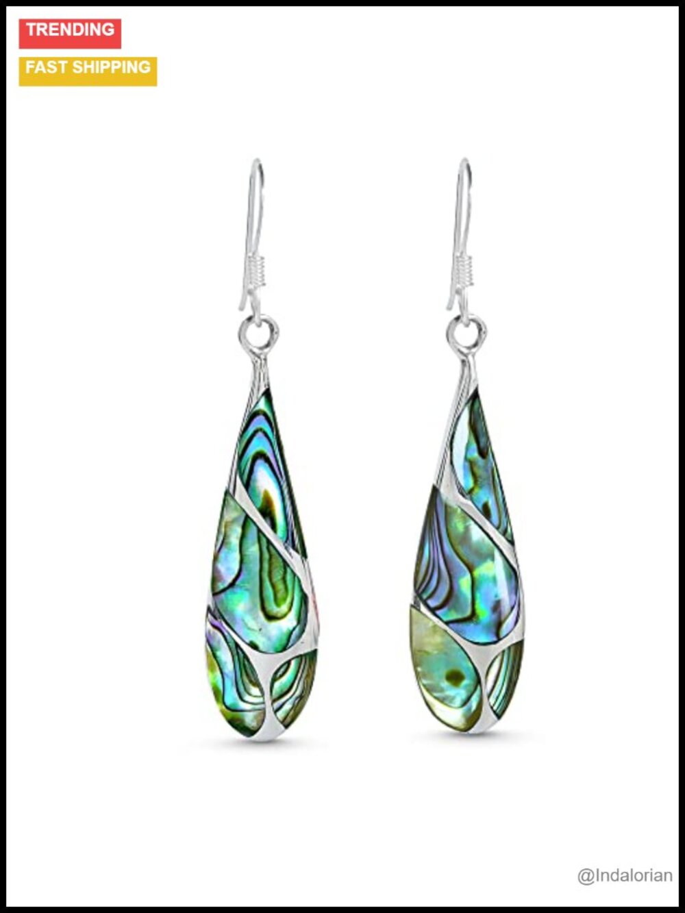 Sterling Silver Teardrop Dangle Earrings Abalone Shell Fish Hook Closure